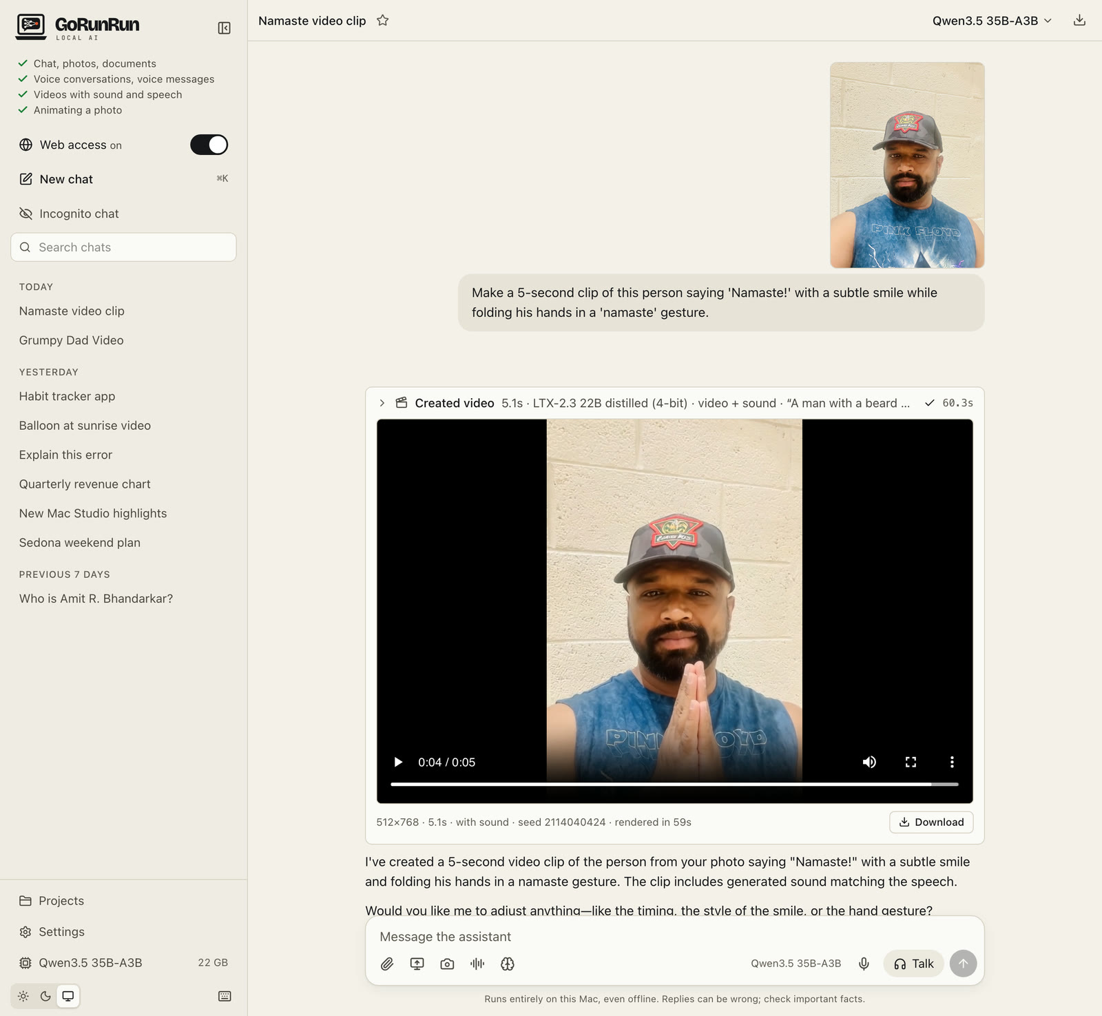 A photo attached to the chat with the request to make a 5-second clip of the person saying "Namaste!" with a subtle smile while folding his hands, and the finished video below it, paused near the end with a subtle smile and his hands folded in namaste