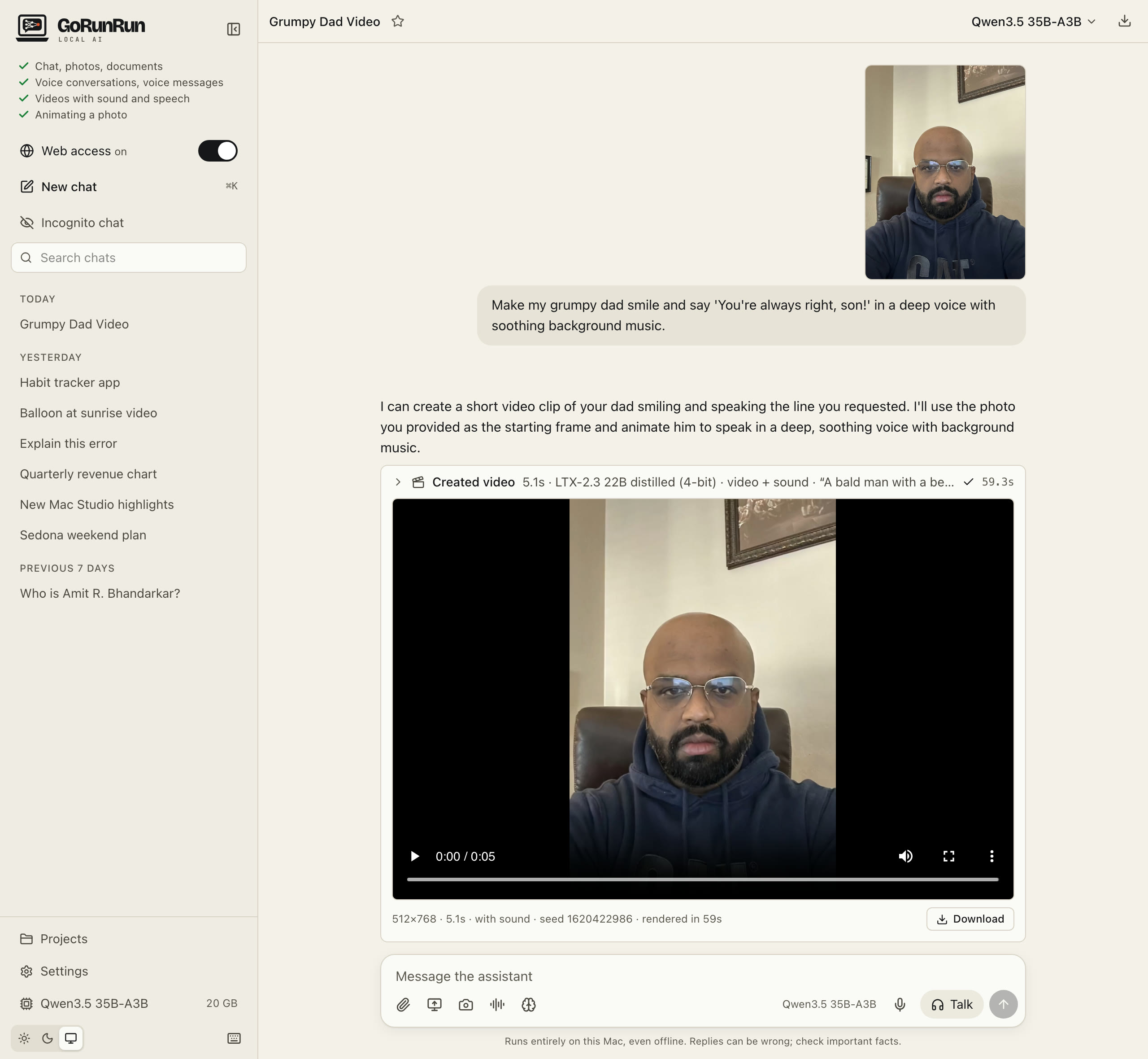 The GoRunRun Local AI window: a photo of a grumpy-looking dad, the request to make him smile and say 'You're always right, son!', and the video made from the photo below it, ready to play.