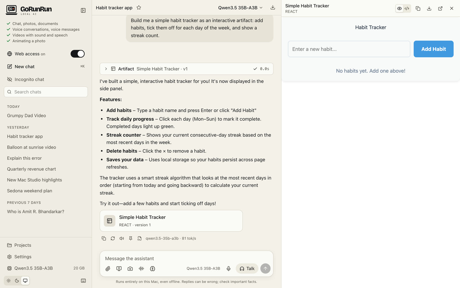 An interactive habit tracker in the side panel