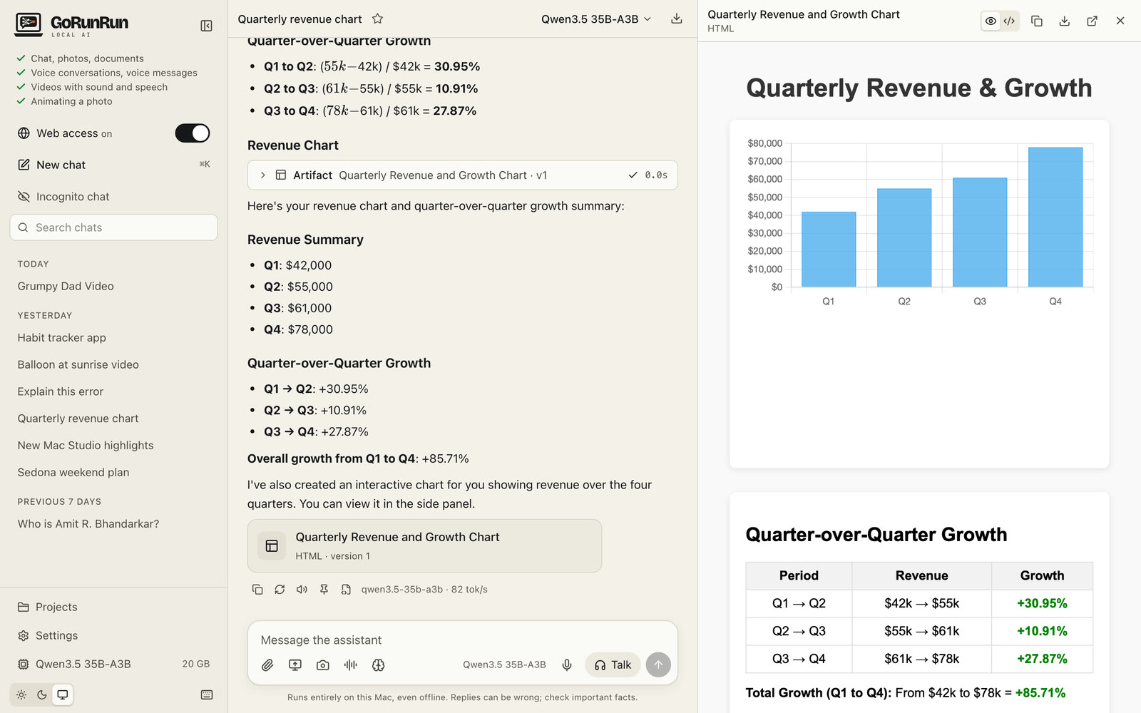 A revenue chart with quarter-over-quarter growth in the side panel