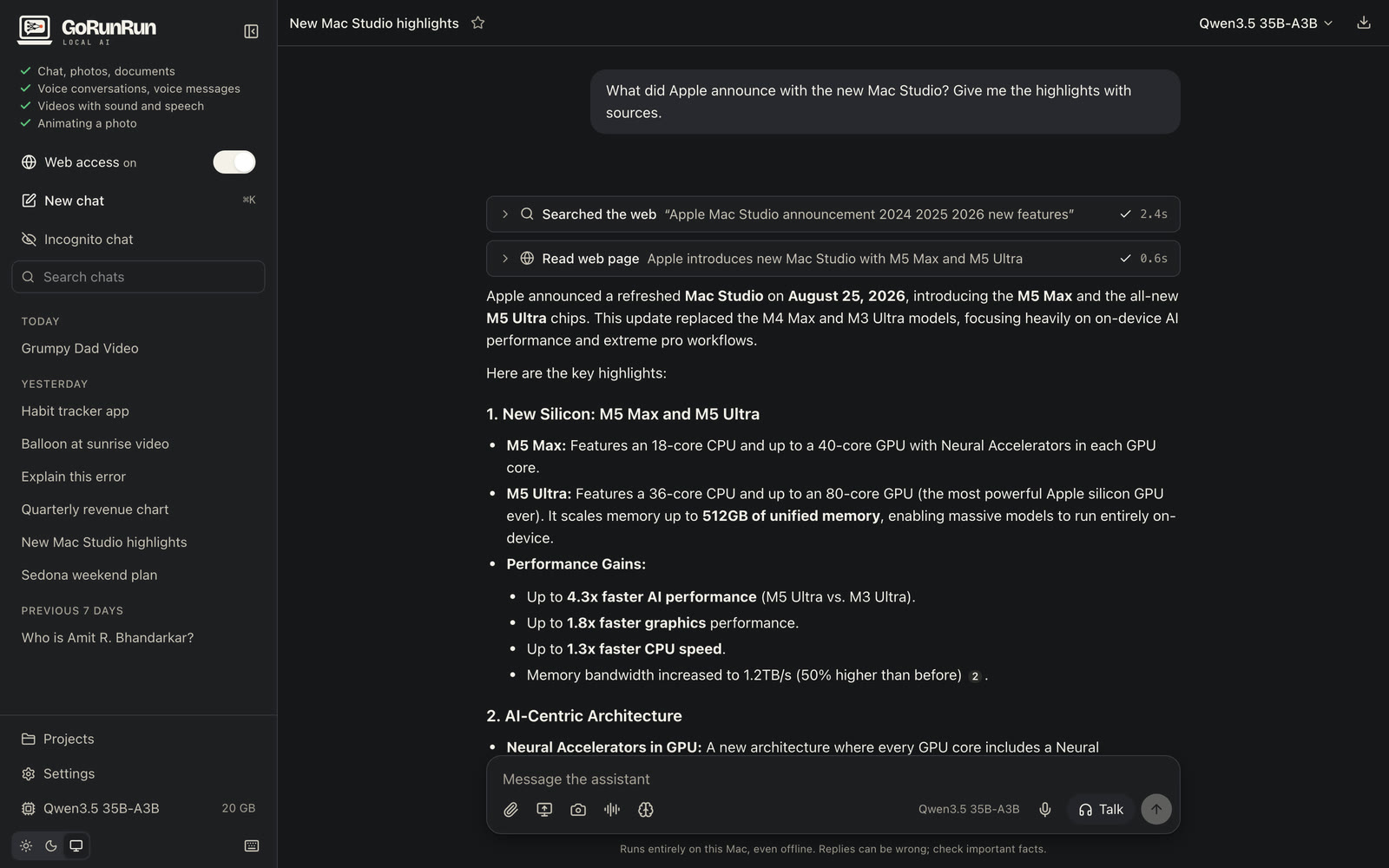 The app in dark mode