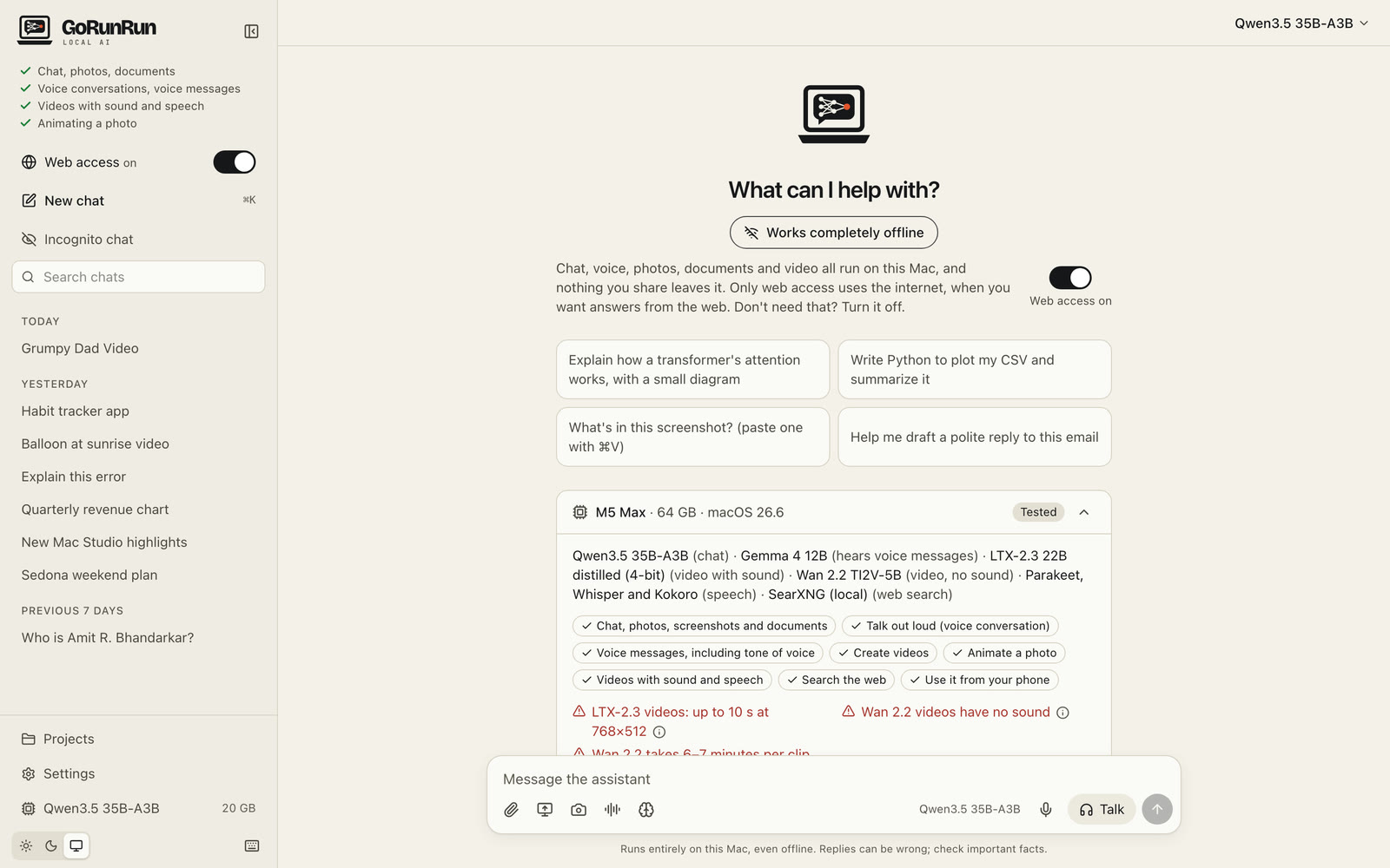 The GoRunRun Local AI home screen with suggested prompts