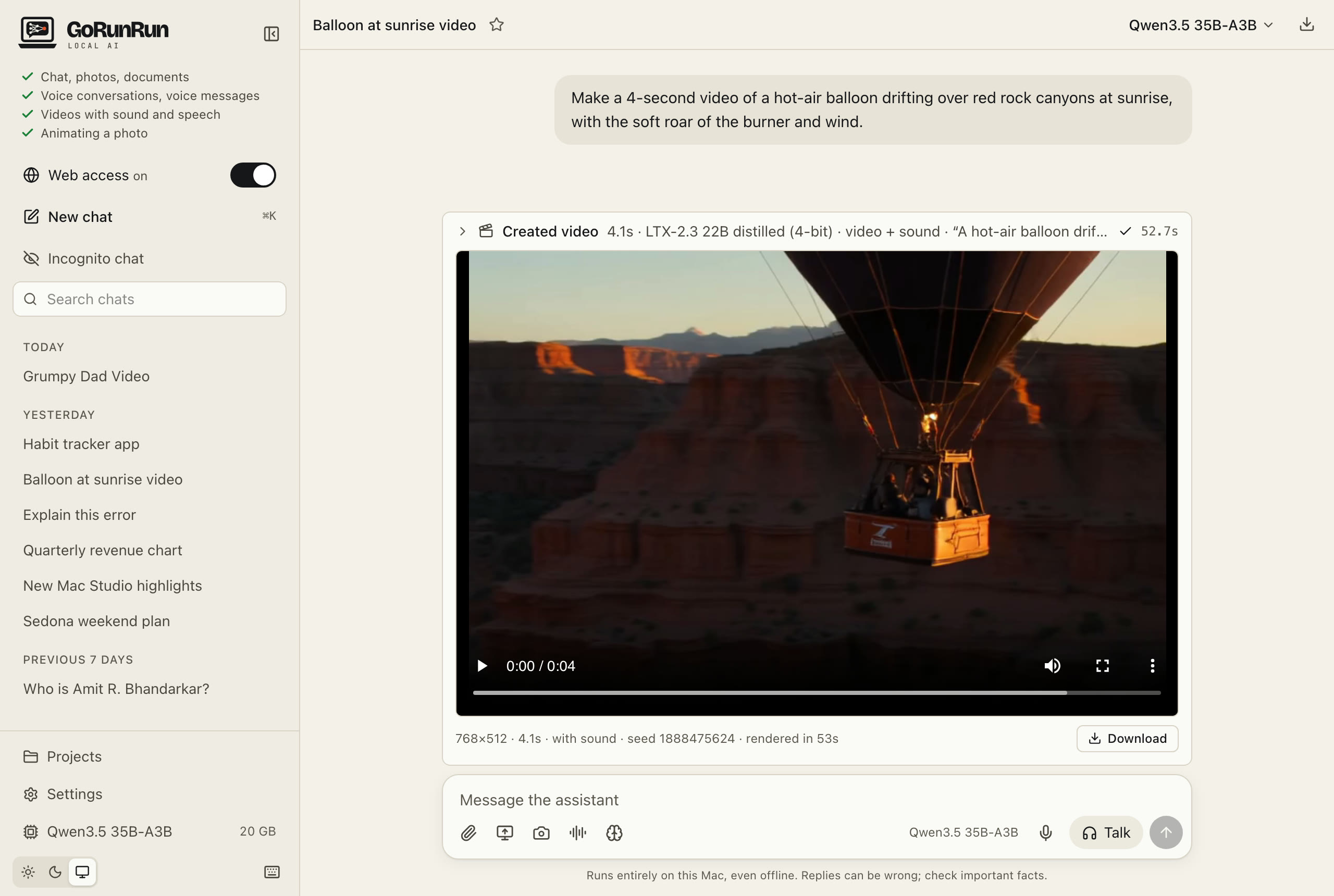The GoRunRun Local AI window: a request for a 4-second video of a hot-air balloon over red rock canyons at sunrise, and the generated video below it, ready to play.