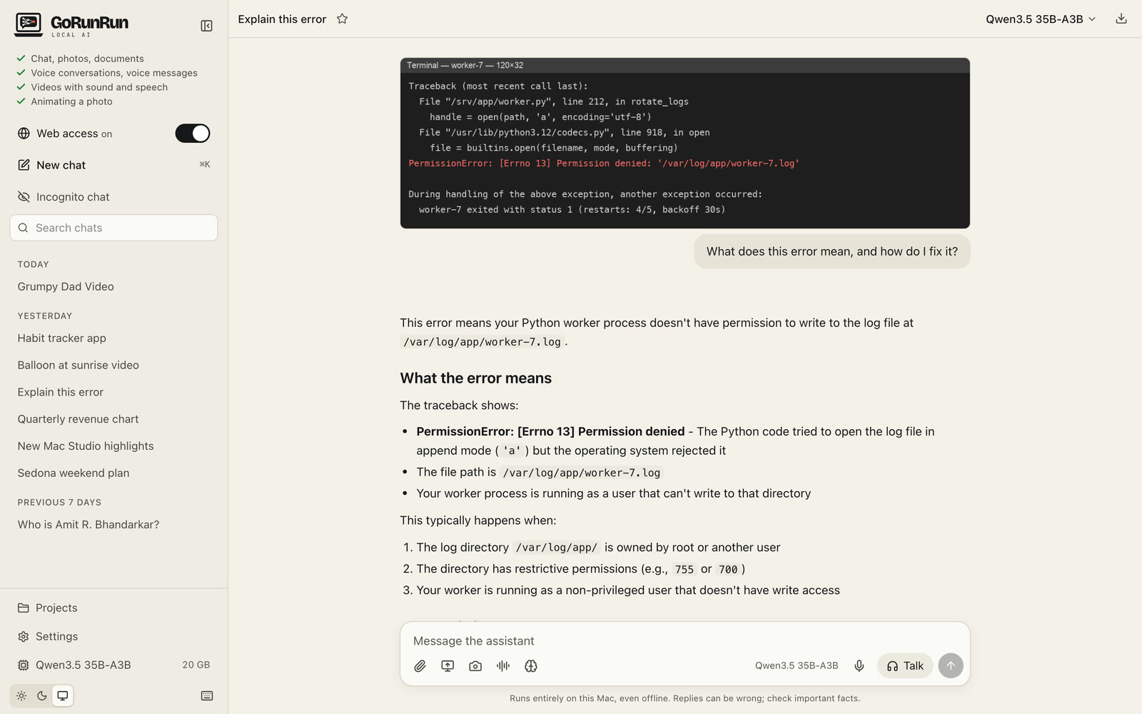 Explaining an error from a screenshot