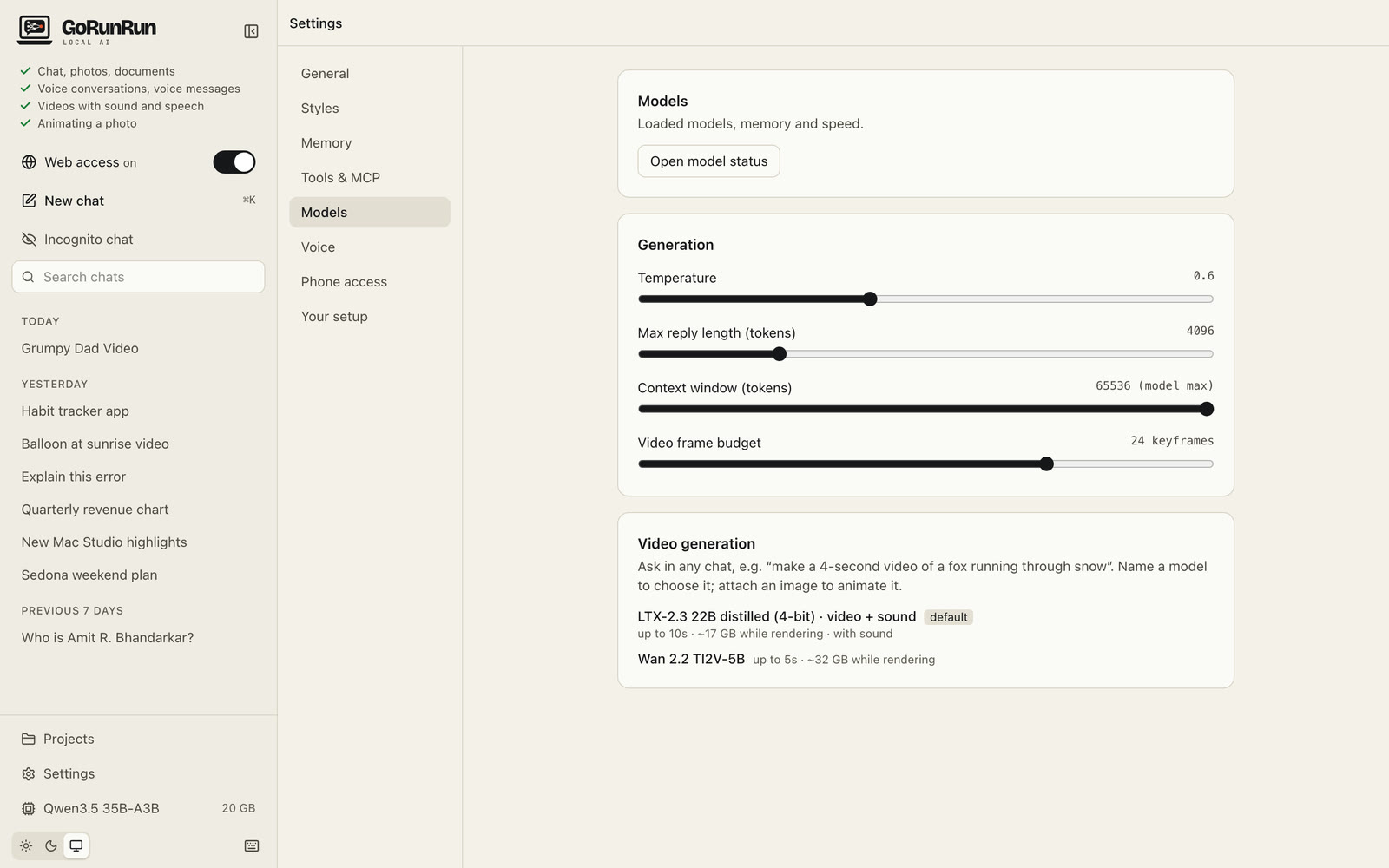 Model and video generation settings
