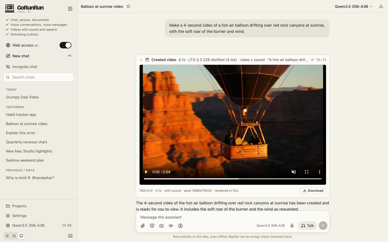 A generated hot-air balloon video playing in the chat, with a Download button